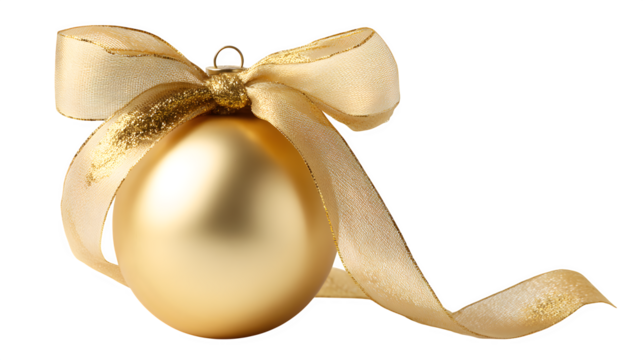 Golden Christmas ornament ball tied with a silk ribbon and bow isolated on white background - Powered by Adobe