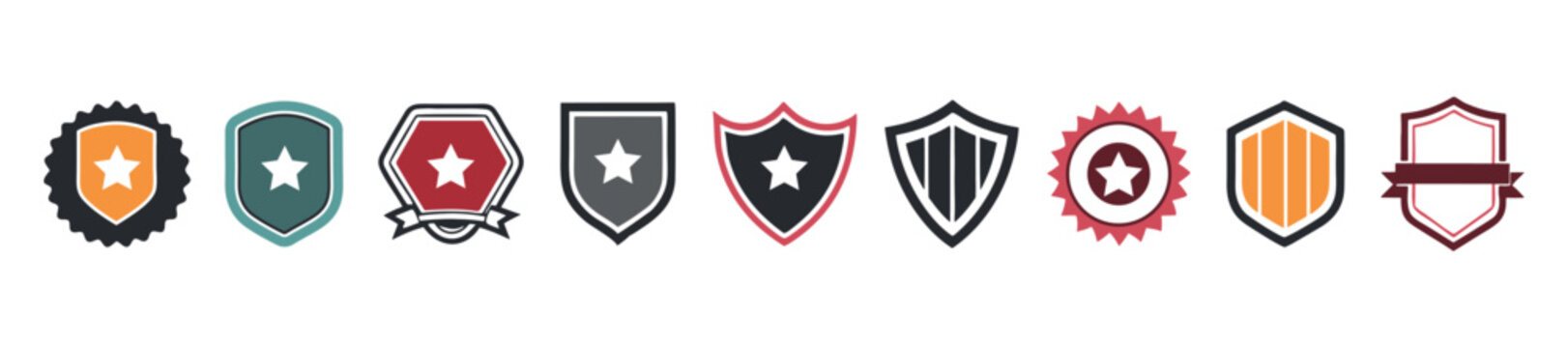 Shield Icon Collection with Stars, Ribbons, and Colorful Designs