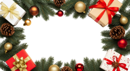 Christmas fir tree branch frame decorated with pine cones, baubles, and wrapped gift boxes, creating a festive border on a transparent background