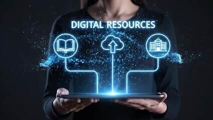 Hands holding tablet projecting digital resources interface - Powered by Adobe