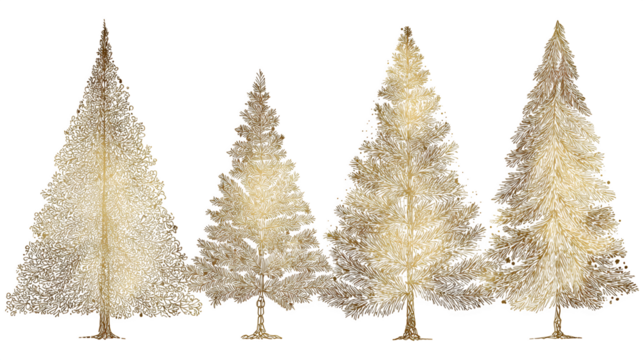 Golden Christmas tree line art illustration for elegant holiday decor isolated on white background