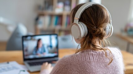 Young woman with wireless headphones participating in a video call with a female colleague discussing work or online learning reflecting self isolation