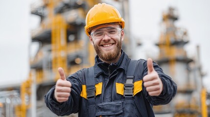 At a refinery a cheerful Caucasian worker in overalls and a helmet gives a thumbs up