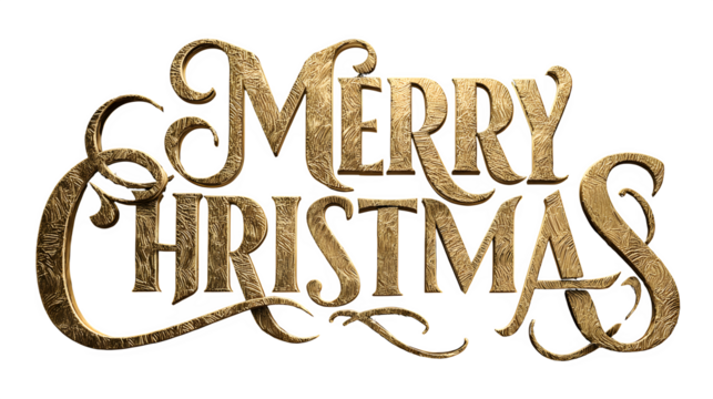 Golden "Merry Christmas" typography with luxury embossed finish isolated on white background