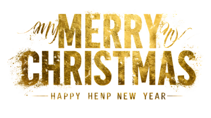 Golden luxury "Merry Christmas and Happy New Year" typography with metallic texture isolated on white background