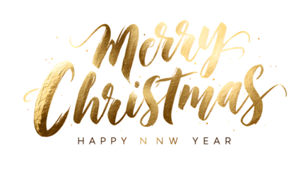 Golden luxury "Merry Christmas and Happy New Year" typography with metallic texture isolated on white background