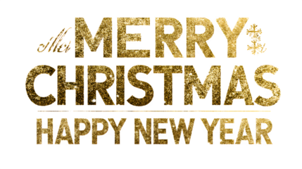 Golden luxury "Merry Christmas and Happy New Year" typography with metallic texture isolated on white background