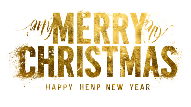 Golden luxury "Merry Christmas and Happy New Year" typography with metallic texture isolated on white background