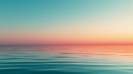 A serene seascape at sunset, showcasing calm waters reflecting soft pastel hues of blue, pink, and orange in the sky.