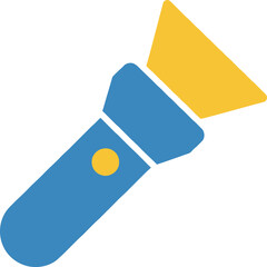 Minimalist blue flashlight icon illuminating with a radiant yellow light beam graphic