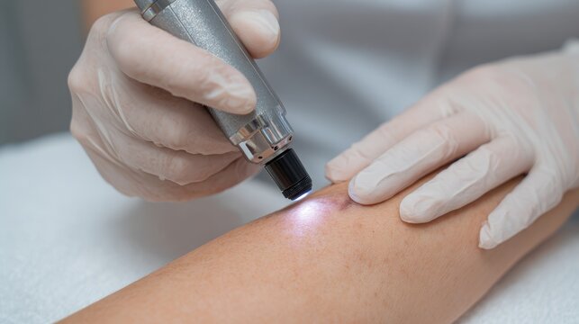 Dermatologist reviews patient s birthmark using a dermatoscope Mole assessment Expert skin examination