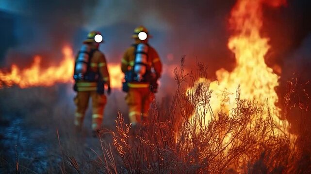 Two firefighters standing in front of a burning building