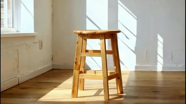 Wooden stool in a room with natural light and hardwood flooring showcases elegant simplicity
