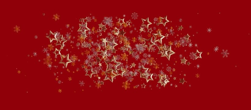 Christmas background with golden stars, snowflakes, and fireworks against a vibrant red backdrop. Perfect for seasonal designs, holiday greeting