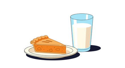 A slice of pie sits on a plate next to a glass of milk on a white background.