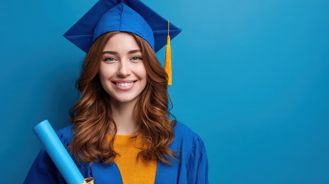 Joyful girl in graduation cap holding diploma against a blue backdrop Student debt relief - Powered by Adobe