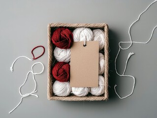 A rustic basket filled with balls of red and white yarn, a blank brown tag, and loose strands of white and red string.