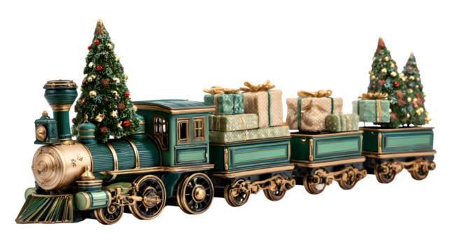 Green holiday train carrying gifts and Christmas trees isolated on white background