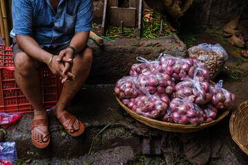 Indian street vendor selling red onions packed in plastic bags at a marketplace, fresh produce...