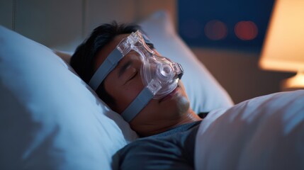Content and healthy Asian man using a CPAP mask for uninterrupted sleep Treatment for obstructive sleep apnea