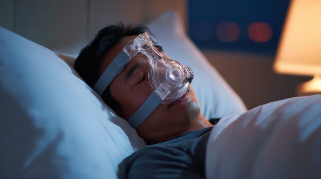 Content and healthy Asian man using a CPAP mask for uninterrupted sleep Treatment for obstructive sleep apnea