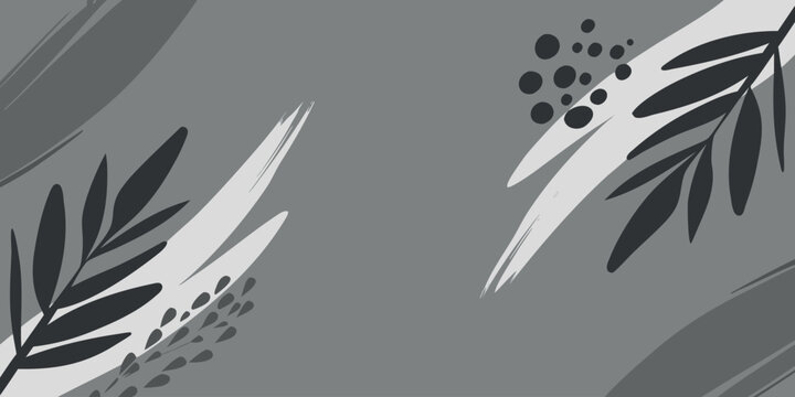 Abstract organic shapes and botanical leaf elements in a muted grayscale color palette
