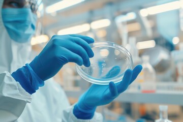 Laboratory scene showing close-up of bacteria sample in petri dish, gloved hands, research setting blurred behind.