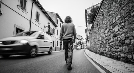 A solitary figure with long hair walks along an old town road next to a stone wall, with a fast-moving vehicle blurred in motion, captured in a dramatic black and white style