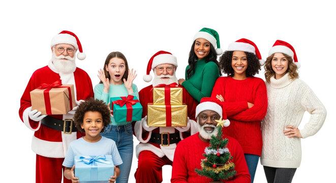 Diverse group of people dressed as santa claus and elves holding christmas gifts