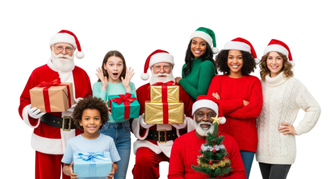 Diverse group of people dressed as santa claus and elves holding christmas gifts