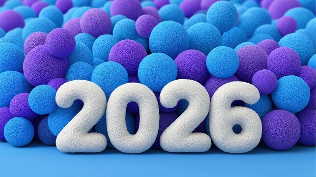 The numbers 2026 made of white blue and purple fluffy balls against a bright background for a cheerful new year concept and celebration.