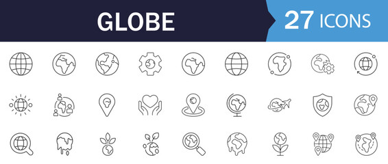 Globe Line editable Icon Set. Featuring world map, ecology, care, location, and more. Perfect for global business reports, travel apps, and ecological infographics.