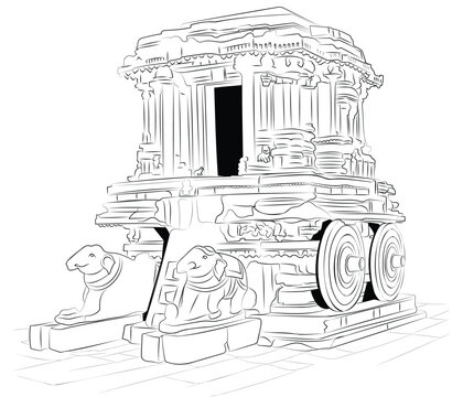 Indian Stone Chariot, Indian Stone Chariot Monument, Hand drawn line style vector illustrations