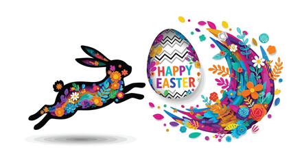 A joyful easter scene with a leaping rabbit floral details and a decorated egg