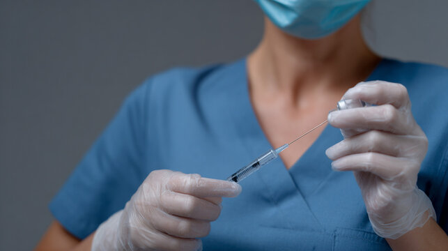 Close-up of a nurse preparing an injection with a syringe.