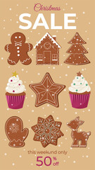 Vertical Sale Banner for Stories with gingerbread man, house, tree, cupcakes, star, mitten, snowflake, reindeer cookie. Christmas sale text on beige background. Vector illustration