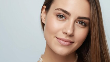 Naklejka premium A close-up portrait of a young woman with long hair, smooth skin, and an inviting smile against a soft background.