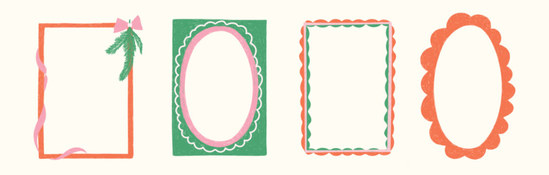 Hand Drawn xmas red, green, pink frame set with doodle bow, lights, lace. Coquette whimsical line borders for Merry Christmas, New Year, birthday, wedding, poster. Vintage minimalist vector illustrati