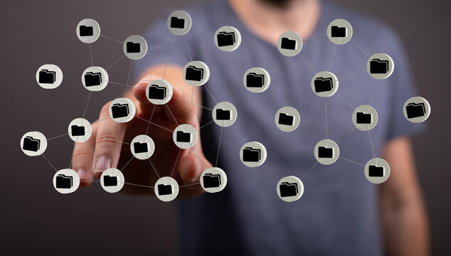 Person interacting with a digital network, data sharing and cloud computing concept. Innovation and technology