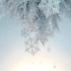 Soft focus winter scene with frosted evergreen branches and falling snowflake