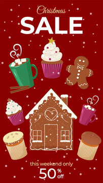 Vertical Sale Banner for Stories with gingerbread house, cupcakes, man, cocoa cups, panettone. Christmas sale text on dark red background. Vector template design