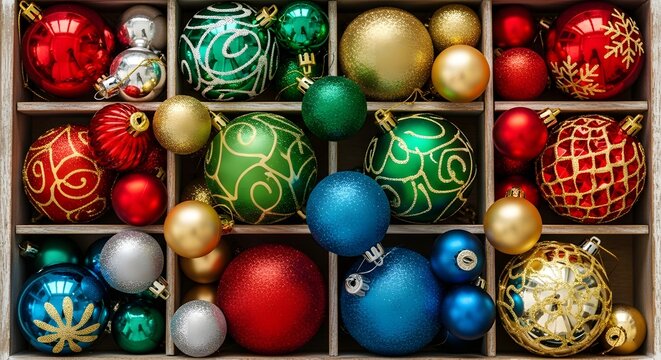 Vibrant collection of festive Christmas tree ornaments arranged in a rustic wooden box, showcasing a joyful array of colorful baubles perfect for holiday decor and celebration