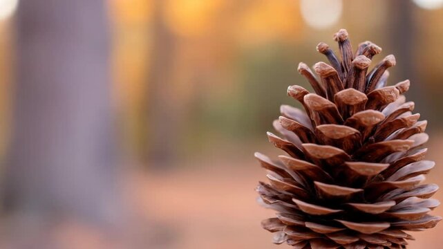 Close up view of single pine cone with blurred autumn foliage natural textured detail seasonal outdoor element