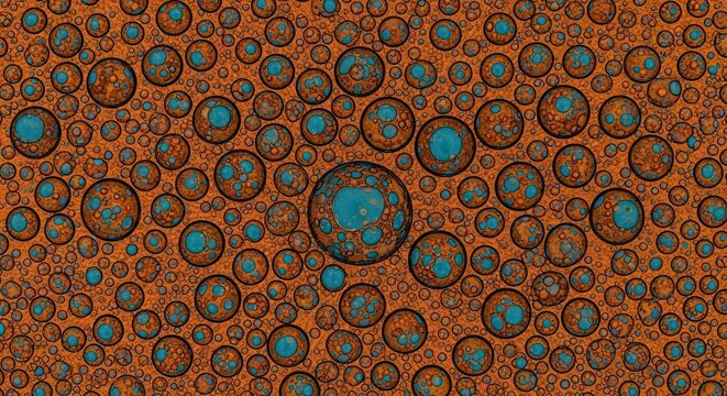 A visually complex abstract background with a dense, repeating pattern of textured, rust-colored spheres containing vibrant turquoise blue circular elements