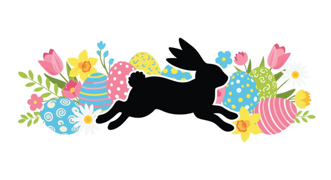 A silhouetted rabbit leaps amidst colorful easter eggs and spring blooms