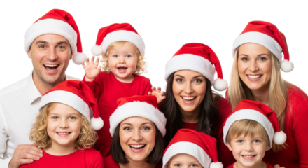 Happy family wearing santa hats and red shirts, smiling and waving