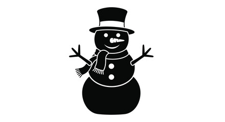Simple black and white illustration of a classic snowman with a top hat