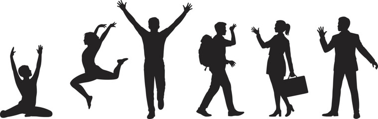 Diverse silhouette figures posing, waving, and dancing with expressive movement, creativity, freedom, joyful energy, lifestyle action, and dynamic motion