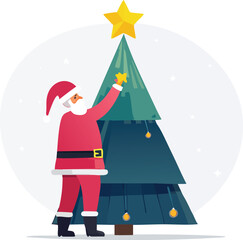 Santa Claus Topping Christmas Tree with a Star Vector Illustration
