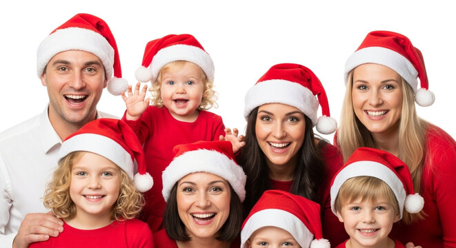 Happy family wearing santa hats and red shirts, smiling and waving - Powered by Adobe